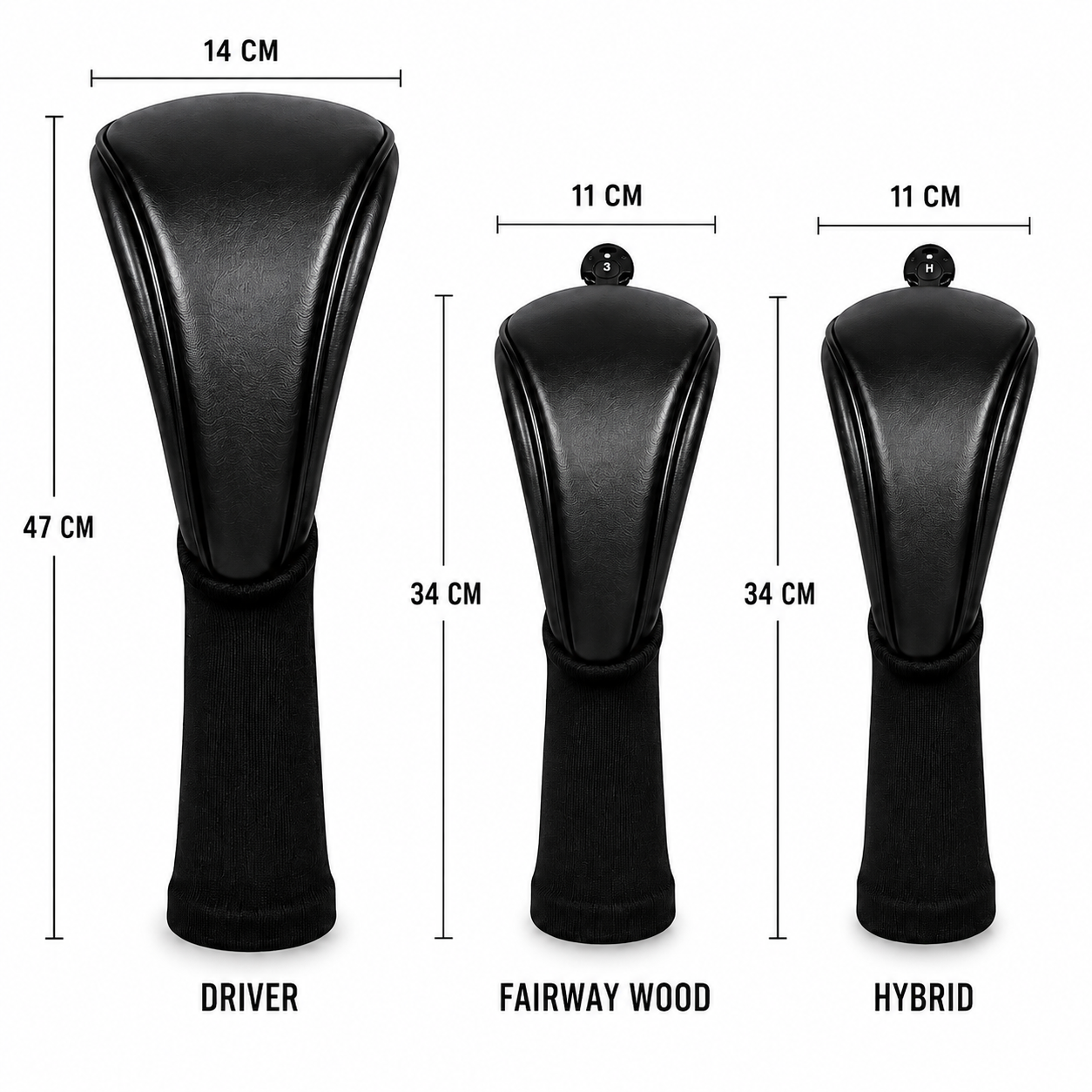 Classic Black Golf Headcovers – Premium Driver, Fairway & Hybrid Set